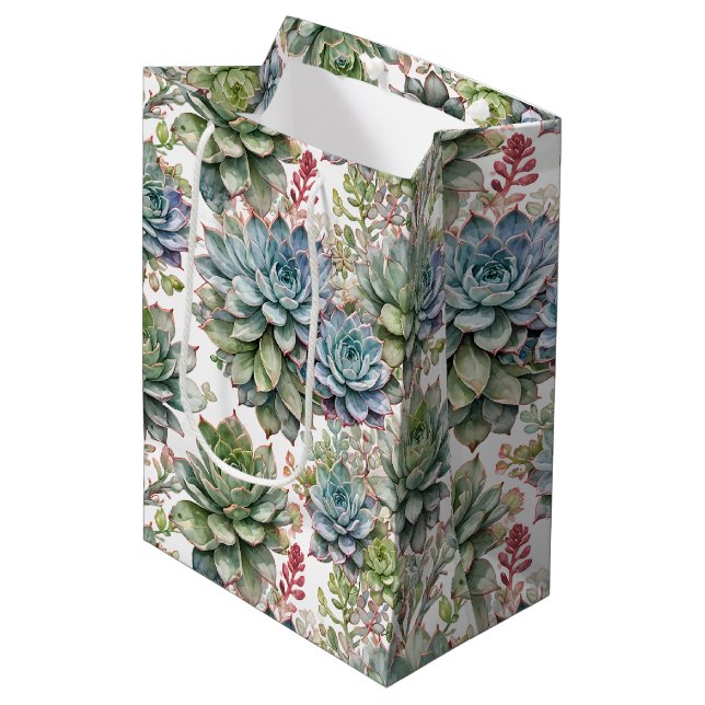 Elegant Watercolor Succulent Garden Botanicals Mittlere Geschenktüte (Vorderseite Schrägansicht)