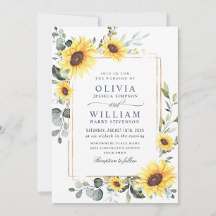 Elegant Watercolor Sunflowers Eucalyptus Wedding Einladung