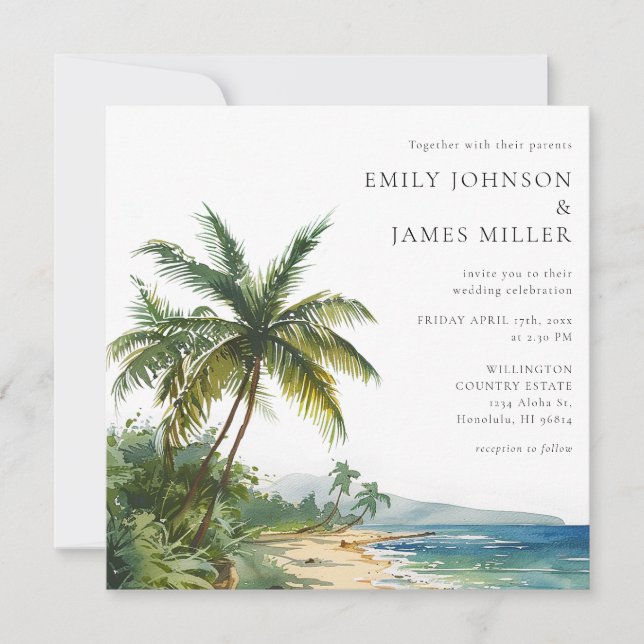 Elegant Watercolor Tropical Beach Wedding Einladung (Vorderseite)