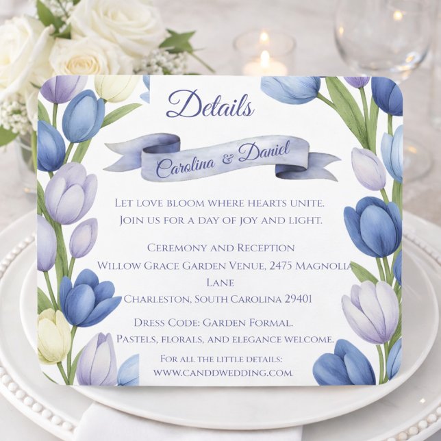 Elegant Watercolor Tulip Wreath Wedding Blue Ivory Begleitkarte (Von Creator hochgeladen)