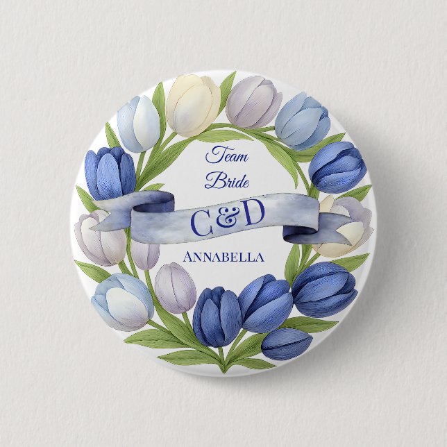 Elegant Watercolor Tulip Wreath Wedding Blue Ivory Button (Vorderseite)