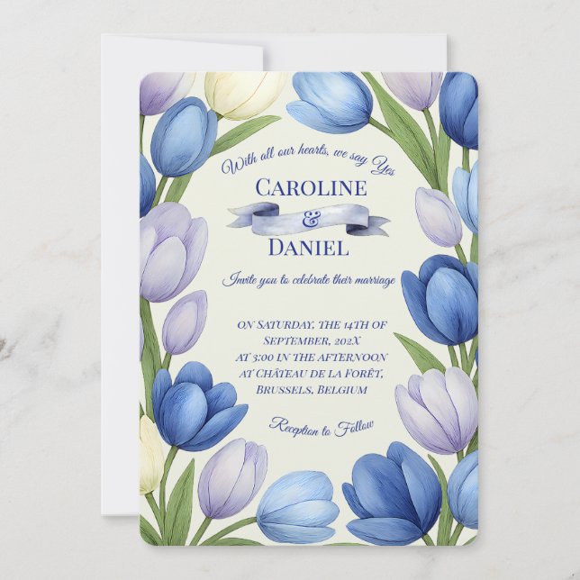 Elegant Watercolor Tulip Wreath Wedding Blue Ivory Einladung (Vorderseite)