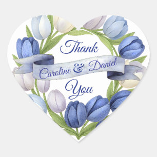 Elegant Watercolor Tulip Wreath Wedding Blue Ivory Herz-Aufkleber