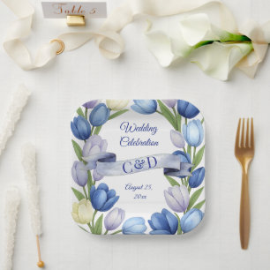 Elegant Watercolor Tulip Wreath Wedding Blue Ivory Pappteller