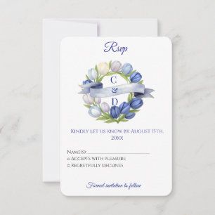 Elegant Watercolor Tulip Wreath Wedding Blue Ivory RSVP Karte