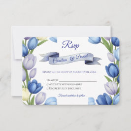 Elegant Watercolor Tulip Wreath Wedding Blue Ivory RSVP Karte