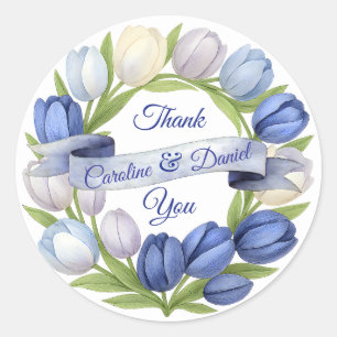 Elegant Watercolor Tulip Wreath Wedding Blue Ivory Runder Aufkleber