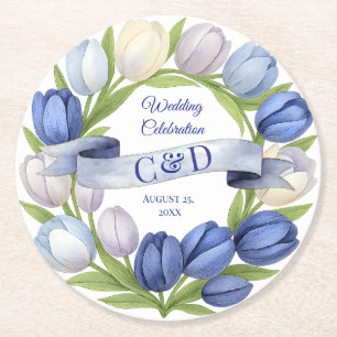 Elegant Watercolor Tulip Wreath Wedding Blue Ivory Runder Pappuntersetzer