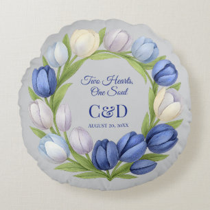 Elegant Watercolor Tulip Wreath Wedding Blue Ivory Rundes Kissen