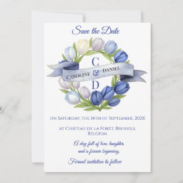 Elegant Watercolor Tulip Wreath Wedding Blue Ivory Save The Date