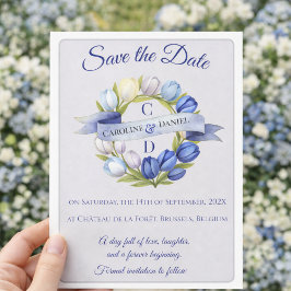 Elegant Watercolor Tulip Wreath Wedding Blue Ivory Save The Date