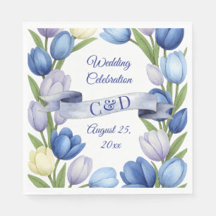 Elegant Watercolor Tulip Wreath Wedding Blue Ivory Serviette