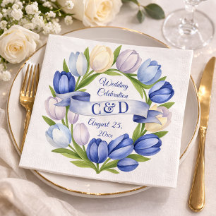 Elegant Watercolor Tulip Wreath Wedding Blue Ivory Serviette