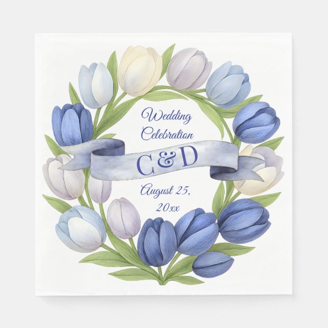 Elegant Watercolor Tulip Wreath Wedding Blue Ivory Serviette (Vorderseite)