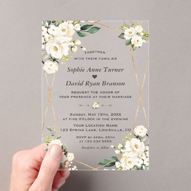 Elegant Watercolor White Flowers Gold Wedding Acryleinladungen (Insitu (Handheld))
