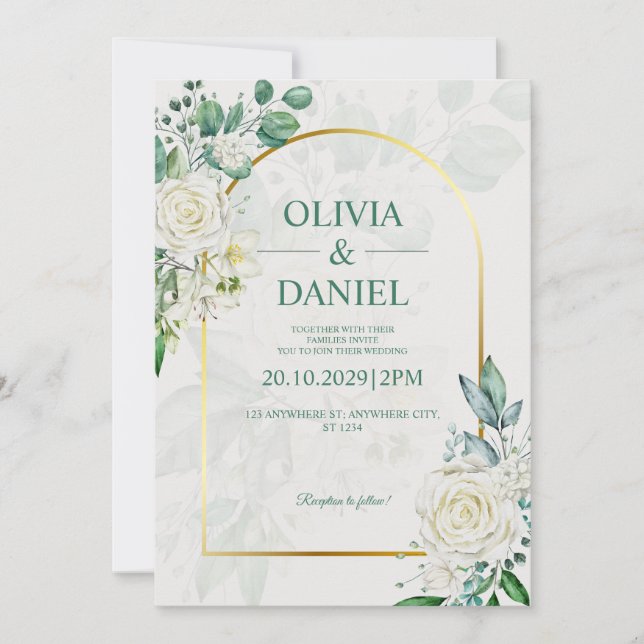Elegant Watercolor White Roses Wedding Invitation Einladung (Vorderseite)