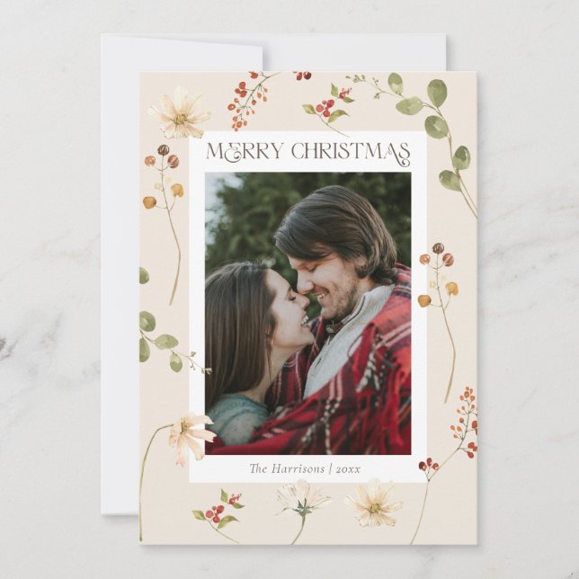Elegant Watercolor Wildflower Merry Christmas  Feiertagskarte (Vorderseite)