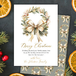 Elegant Watercolor Wreath Gold Bow Merry Christmas Feiertagskarte