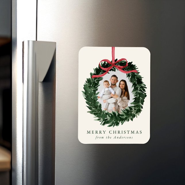 Elegant Watercolor Wreath with Bow Christmas Photo Magnet (Von Creator hochgeladen)