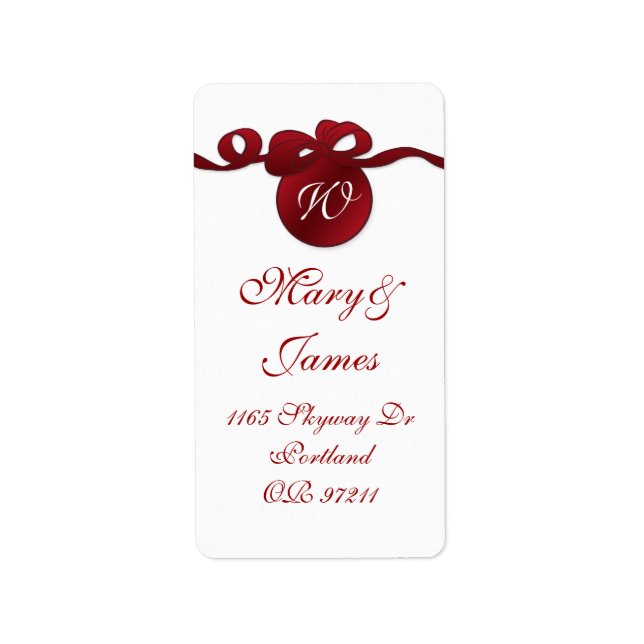 Elegant Wedding Address Wirbel Bow Monogram Red Adressaufkleber (Vorne)