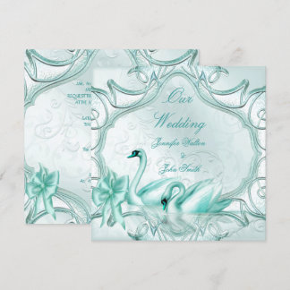 Elegant Wedding Aquamarin Blue Swans Bow Einladung