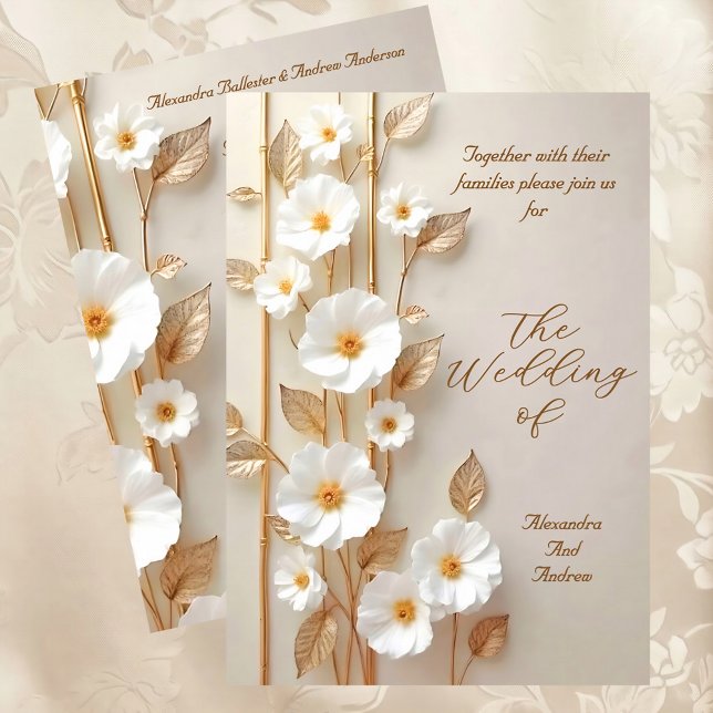 Elegant Wedding Beige White Flowers Gold Bamboo Einladung (Von Creator hochgeladen)