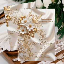 Elegant Wedding Beige White Gold Floral Silk Einladung
