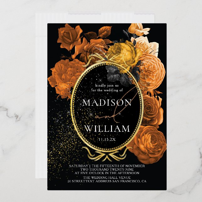 Elegant Wedding Black and Orange Floral Folieneinladung (Briefumschlag)