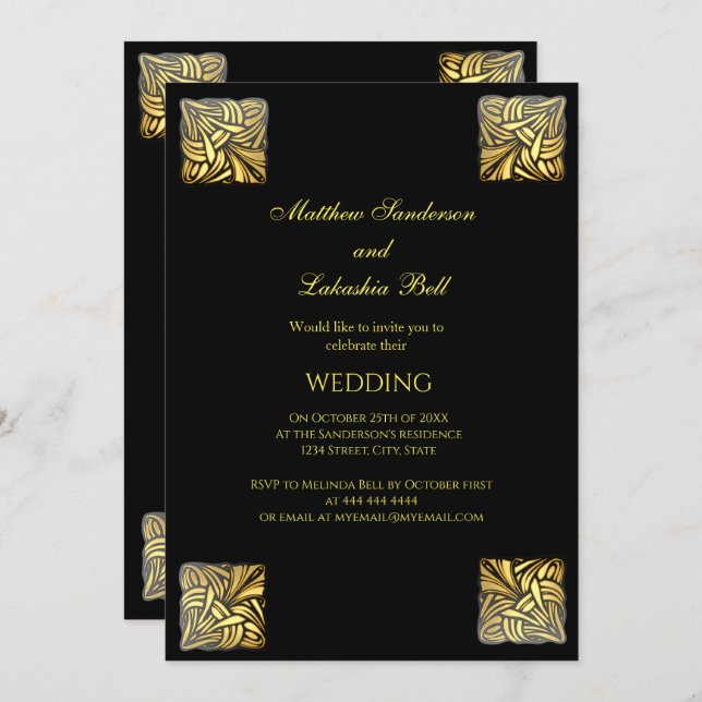 Elegant Wedding Black Gold Einladung (Vorne/Hinten)