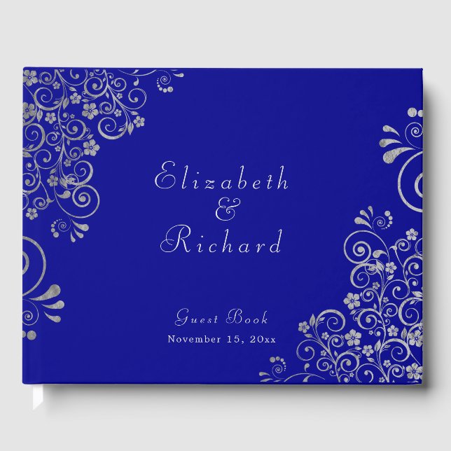 Elegant Wedding Blue Silver Gray Wirbel Script Gästebuch (Vorderseite)