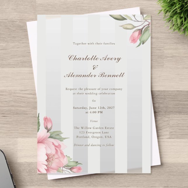 Elegant Wedding – Blush Peony & Soft Grey Striped  Acryleinladungen (Von Creator hochgeladen)