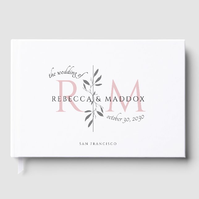 Elegant Wedding Blush Pink Botanical Monogram Gästebuch (Vorderseite)