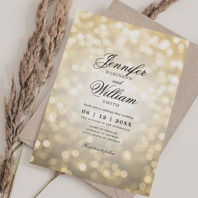 Elegant Wedding Bokeh Lights Romantisches Script G Einladung (Elegant Wedding Bokeh Lights Romantic Script Gold Invitation)