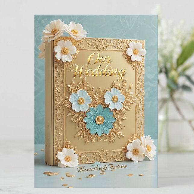Elegant Wedding Book Blue White Gold Flowers Einladung (Von Creator hochgeladen)