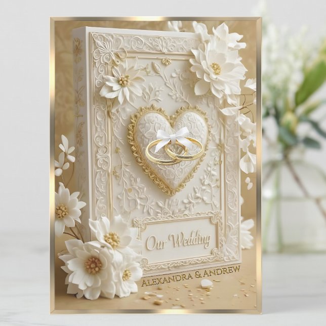 Elegant Wedding Book Gold Heart Lace White Flowers Einladung (Von Creator hochgeladen)