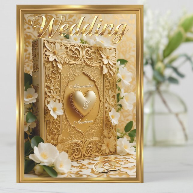 Elegant Wedding Book Gold Heart White Flowers Einladung (Von Creator hochgeladen)