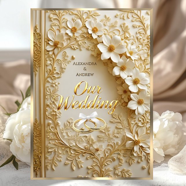 Elegant Wedding Book Ornate Gold White Floral Einladung (Von Creator hochgeladen)