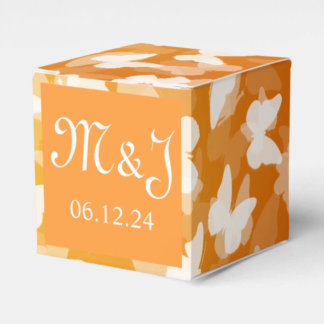 Elegant Wedding Butterflies Monogram Orange Geschenkschachtel (Vorderseite)