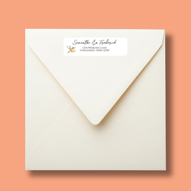 Elegant Wedding Calligraphy Script (Peach floral wedding return address labels.)