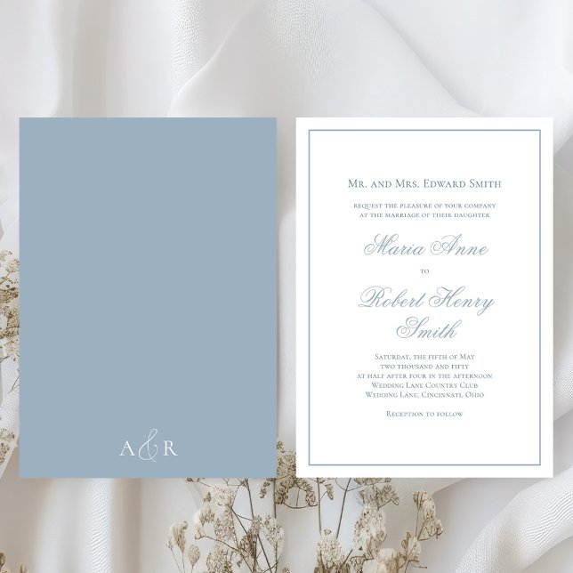 Elegant Wedding Calligraphy Script Dusty Blue Einladung (Simple dusty blue classic wedding script invitation. )