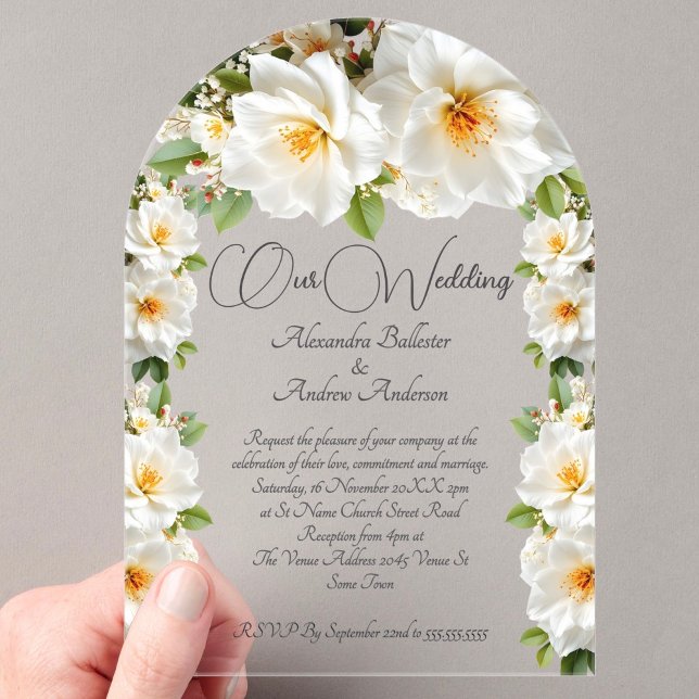 Elegant Wedding Camelias Weiße Gelbe Blumen Acryleinladungen (Von Creator hochgeladen)