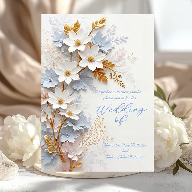 Elegant Wedding Cornflower Blue White Gold Flowers Einladung (Von Creator hochgeladen)