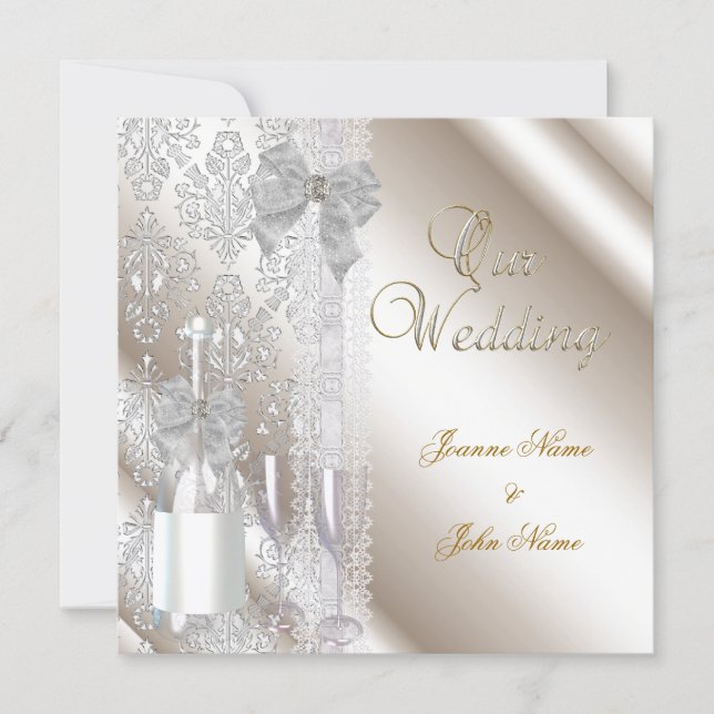 Elegant Wedding Damask Cream White Champagne Einladung (Vorderseite)