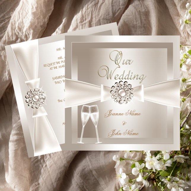 Elegant Wedding Damask Cream White Champagne Einladung (Von Creator hochgeladen)