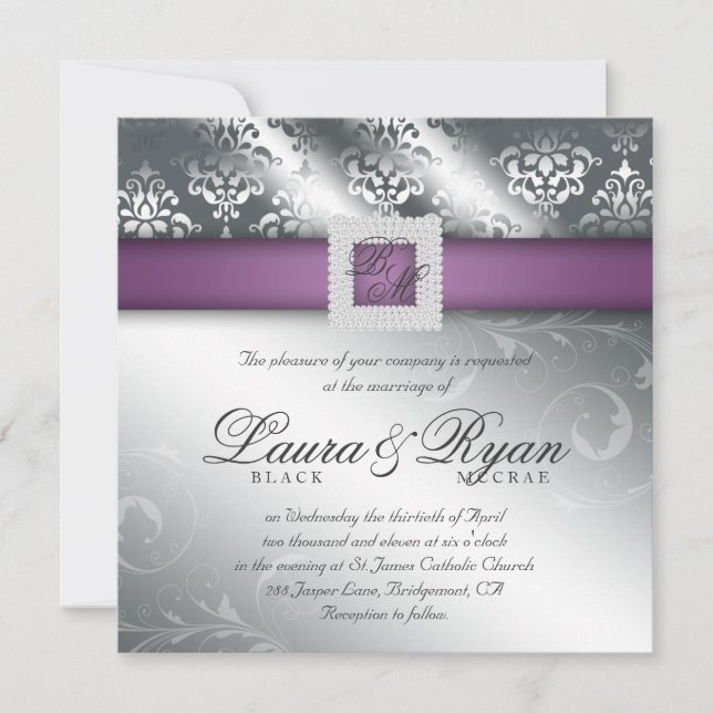 Elegant Wedding Damask Jewel Lila Silver Einladung (Vorderseite)