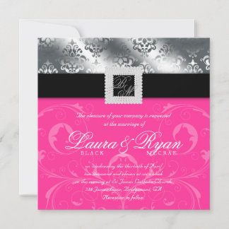 Elegant Wedding Damask Jewel Pink Silver Einladung