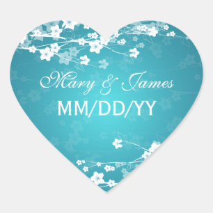Elegant Wedding Date Cherry Blossom Blau Herz-Aufkleber