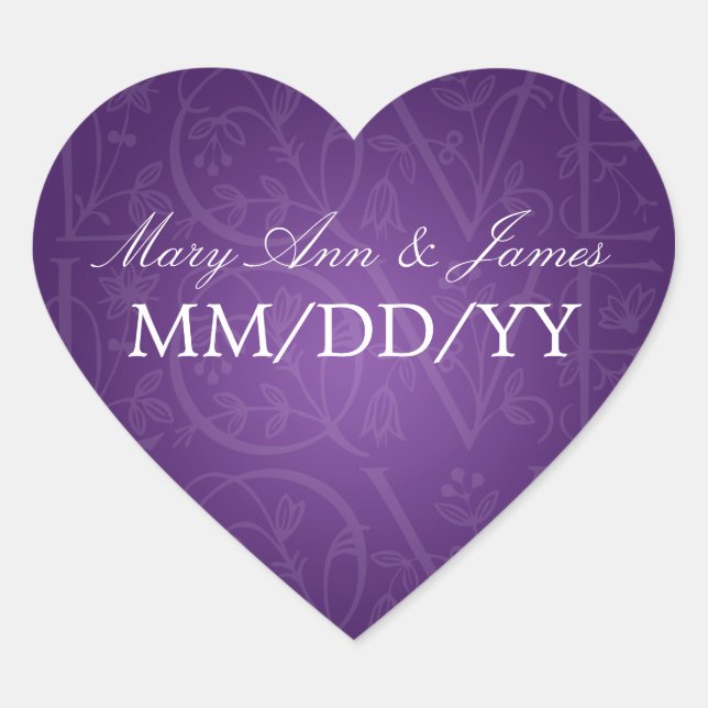 Elegant Wedding Date Liebe Blühe Lila Herz-Aufkleber (Vorderseite)