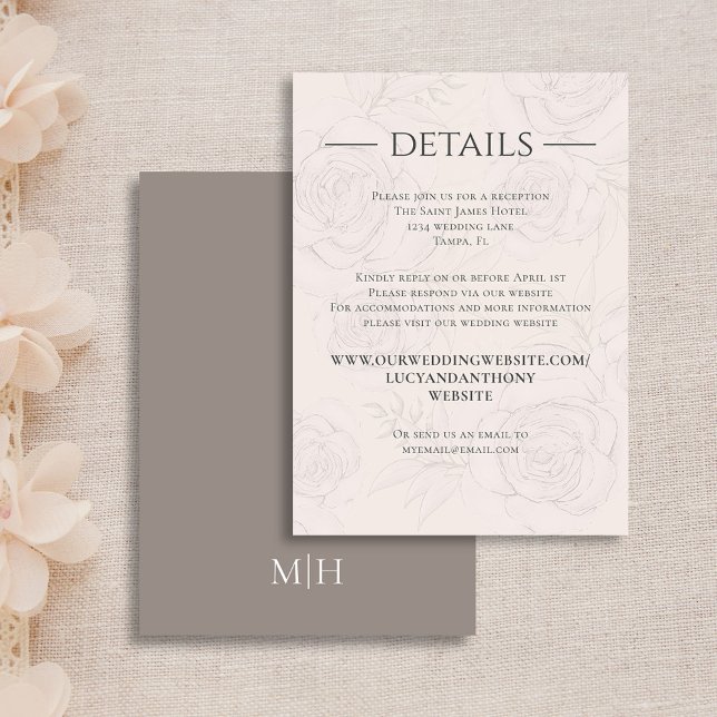 Elegant Wedding Details Blush Floral Greenery Begleitkarte (Simple Wedding details card with elegant floral blush and taupe backgrounds)