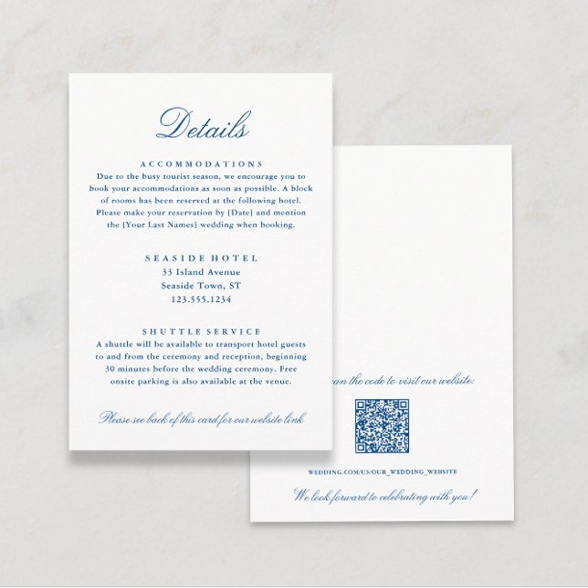Elegant Wedding Details Hotel Info QR Code Begleitkarte (Elegant Navy Blue Wedding Details Hotel Info QR code Enclosure Card from Coastal Map Designs)